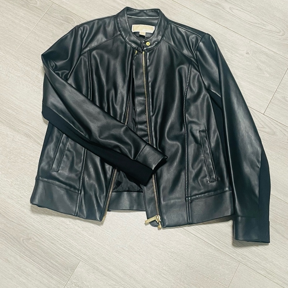 Michael Kors Black Faux Leather Jacket Gold Zipper Moto Style Small